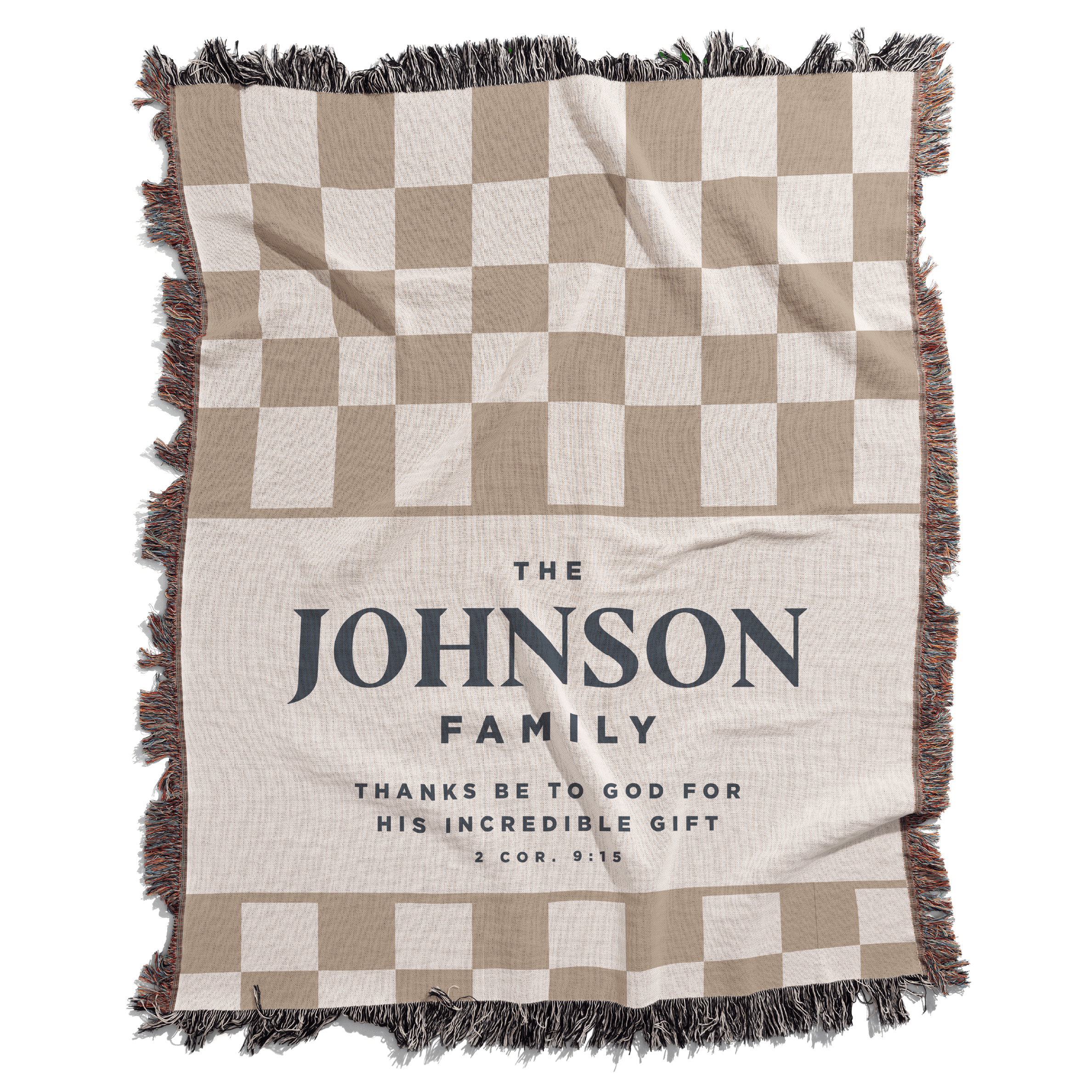 Checkered blanket with 'The Johnson Family' text on a white background