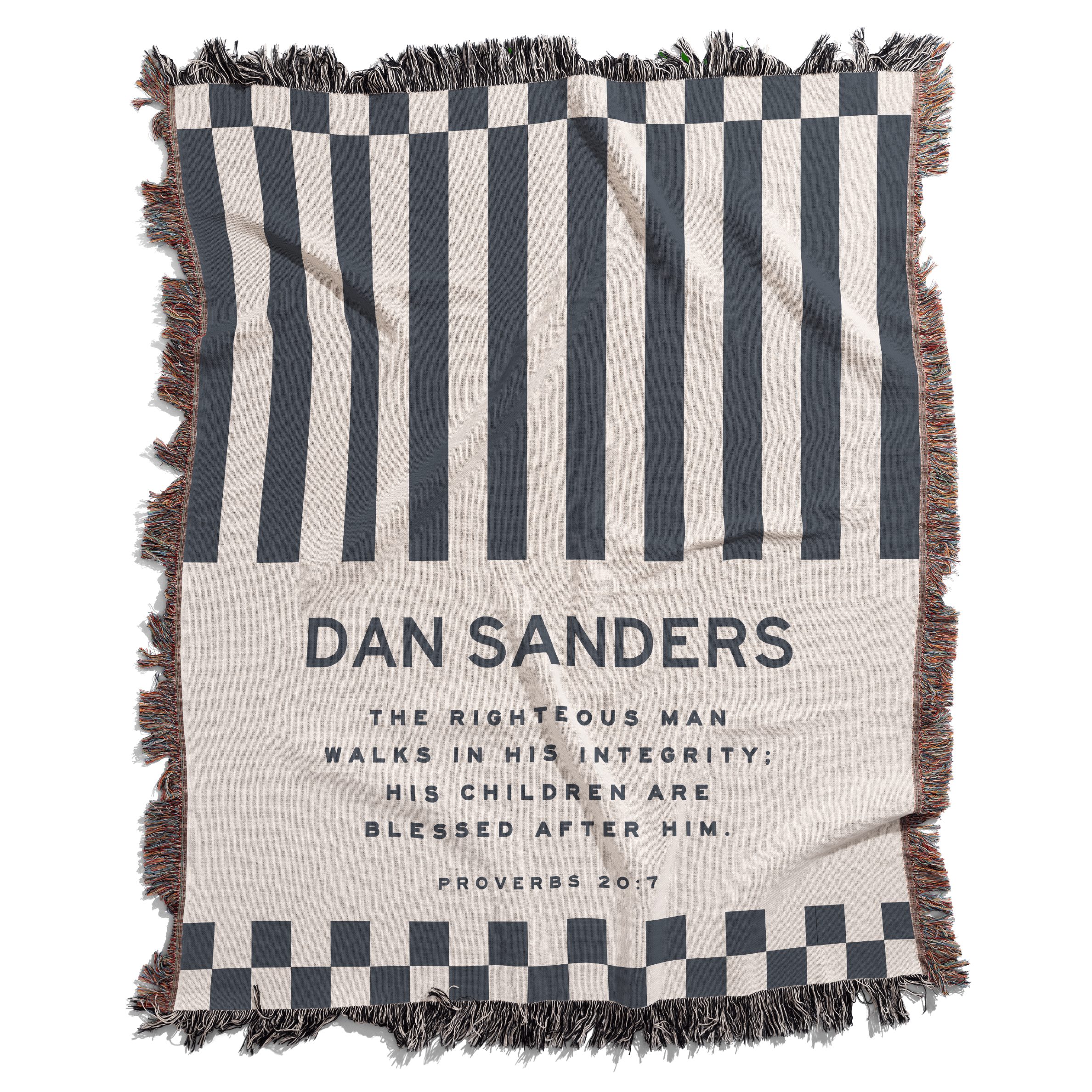 Striped blanket with text and branding on a white background