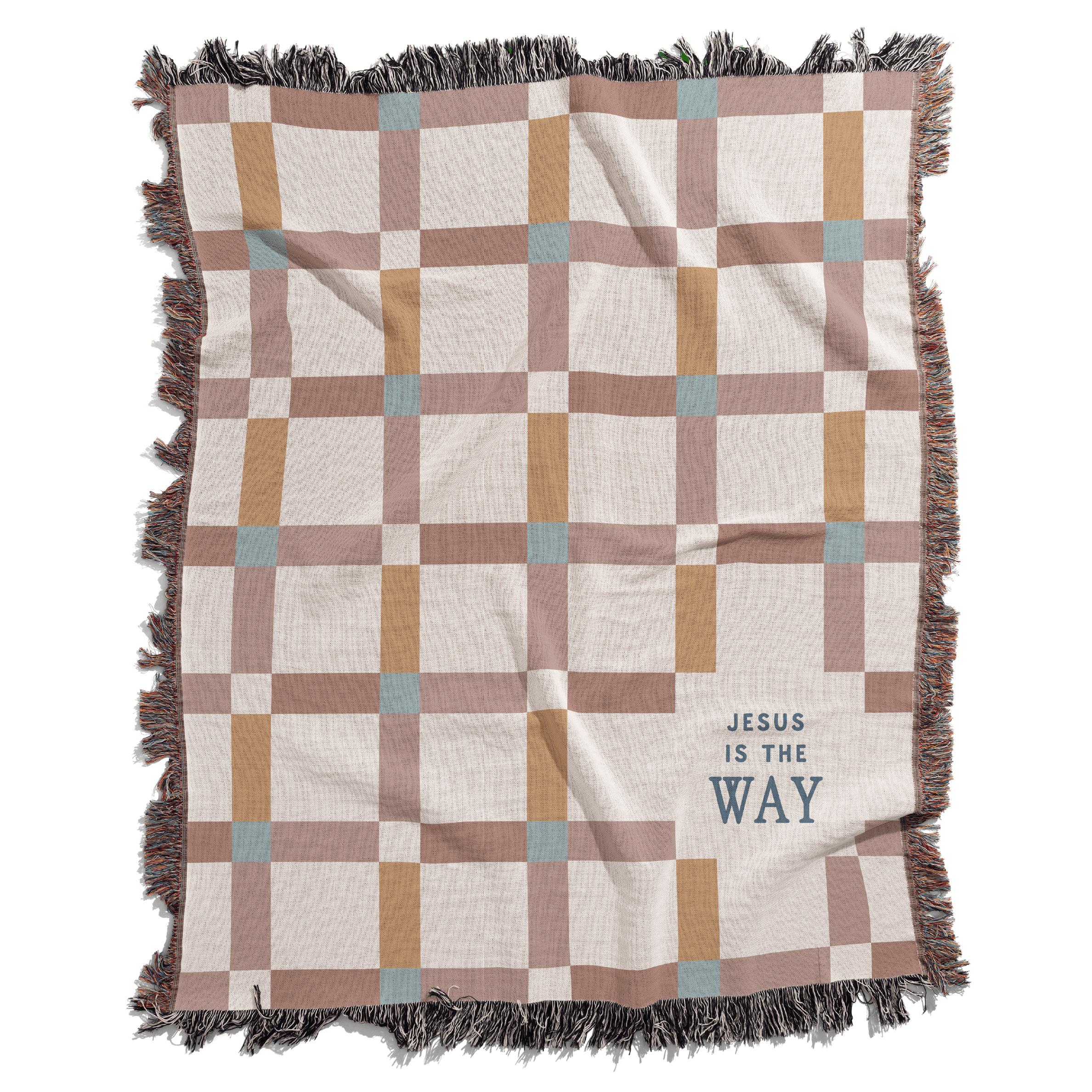Checkered blanket with 'Jesus is the Way' text on a white background