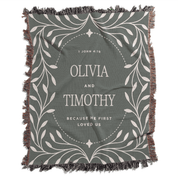 Blanket with decorative text and names on a gray background