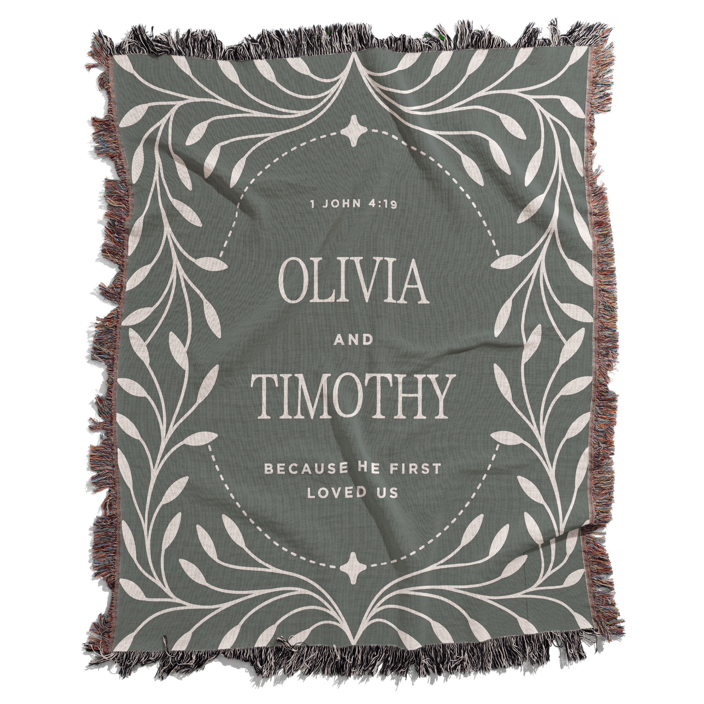Blanket with decorative text and names on a gray background
