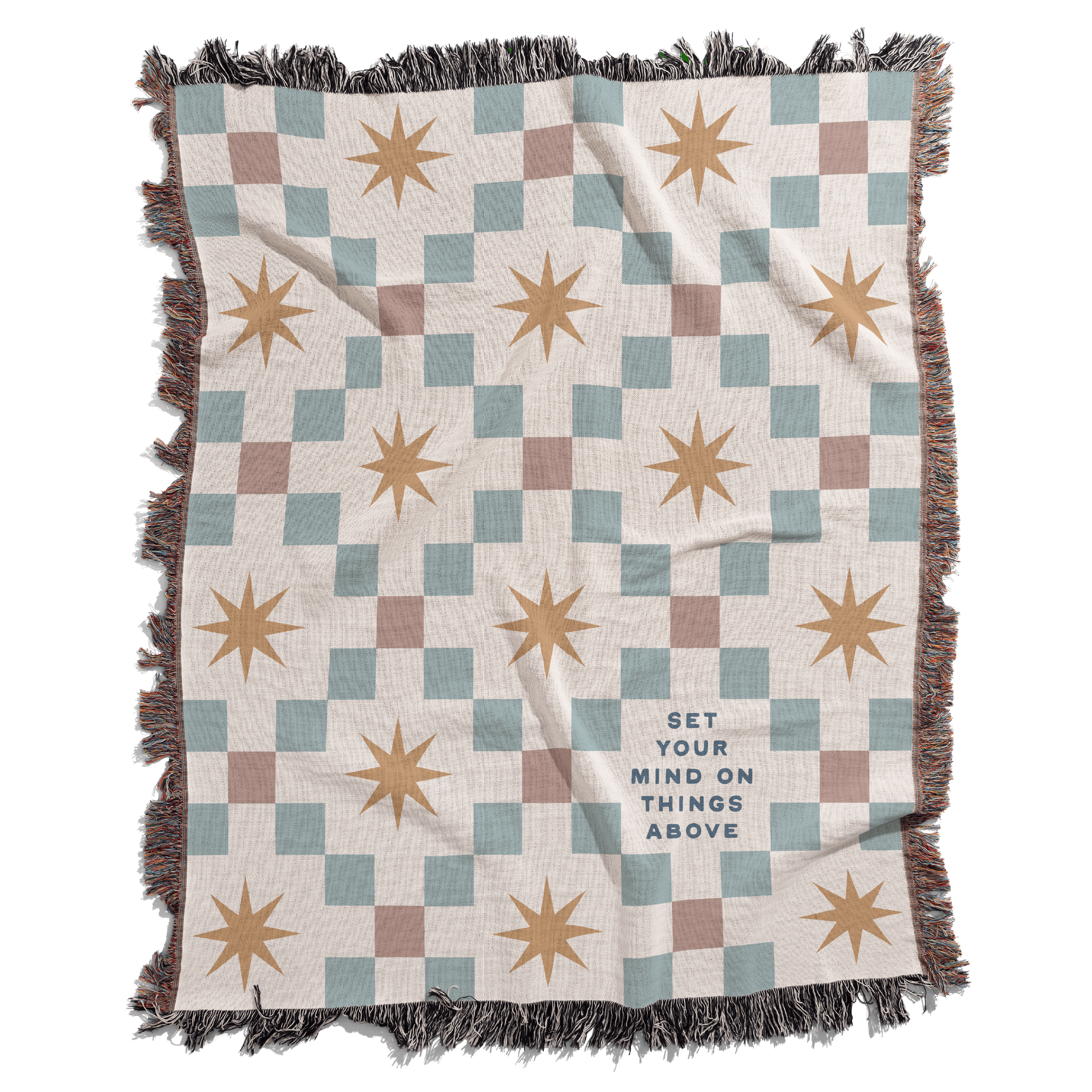 Checkered blanket with star patterns and text on a white background