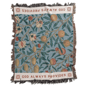 Decorative blanket with floral pattern and 'God Always Provides' text on a white background