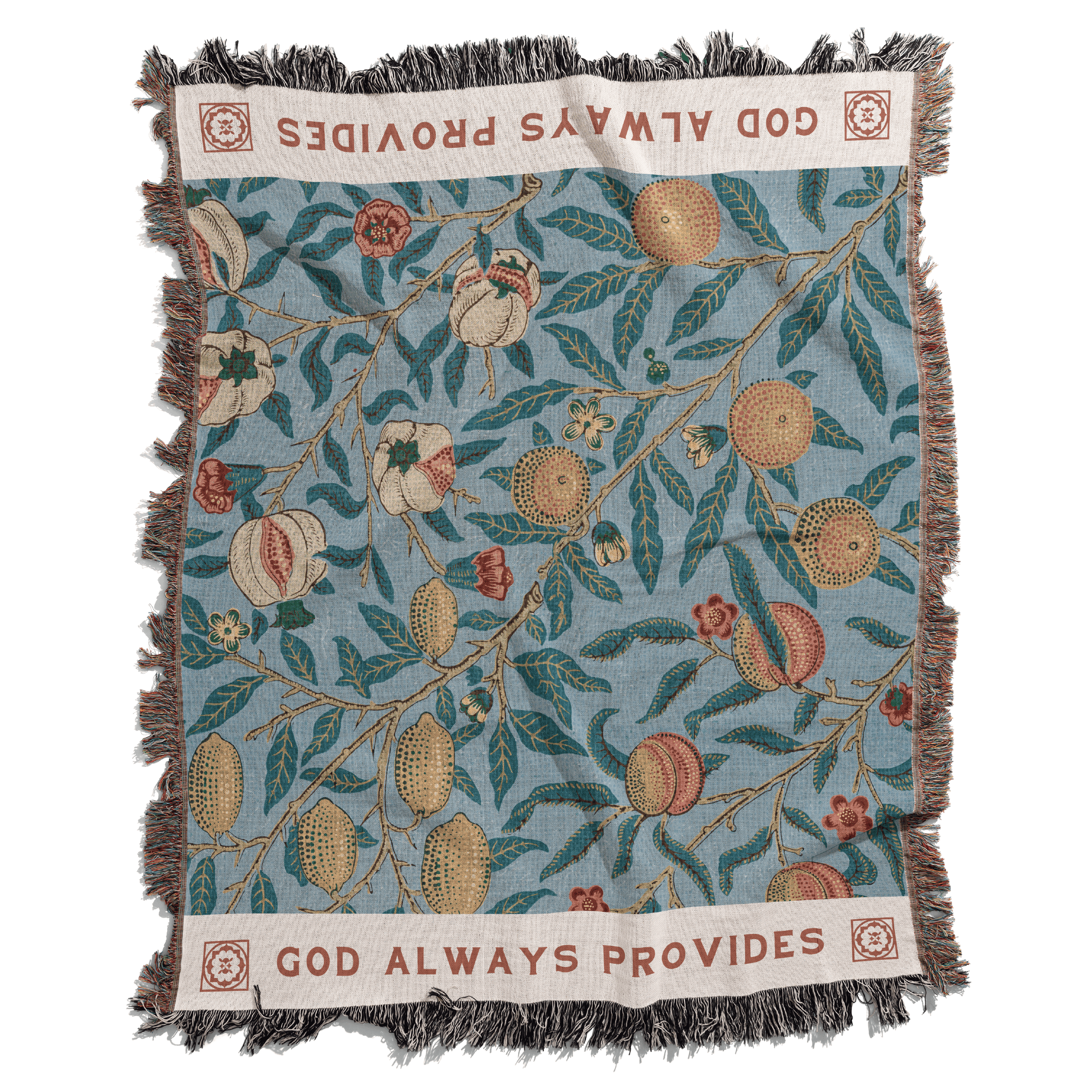 Decorative blanket with floral pattern and 'God Always Provides' text on a white background