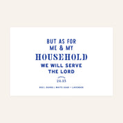 White jar candle labeled “As for Me and My Household” with a gold lid. White sage and lavender scent—Christian home gift rooted in Joshua 24:15.