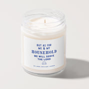 White jar candle labeled “As for Me and My Household” with a gold lid. White sage and lavender scent—Christian home gift rooted in Joshua 24:15.