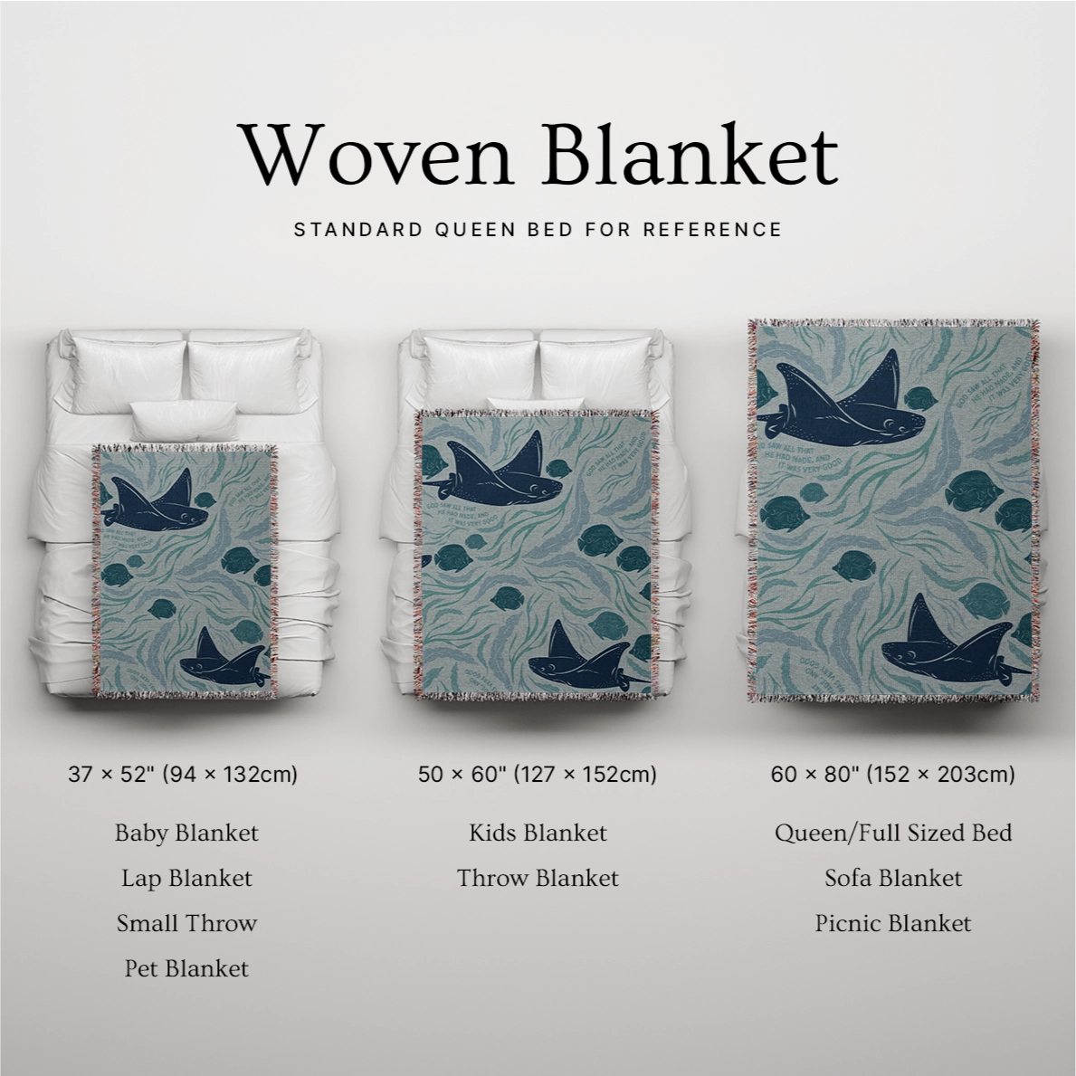Christian blanket featuring nature-inspired illustrations and "Creation’s Wonder" message, celebrating God’s handiwork with cozy, faith-filled style.