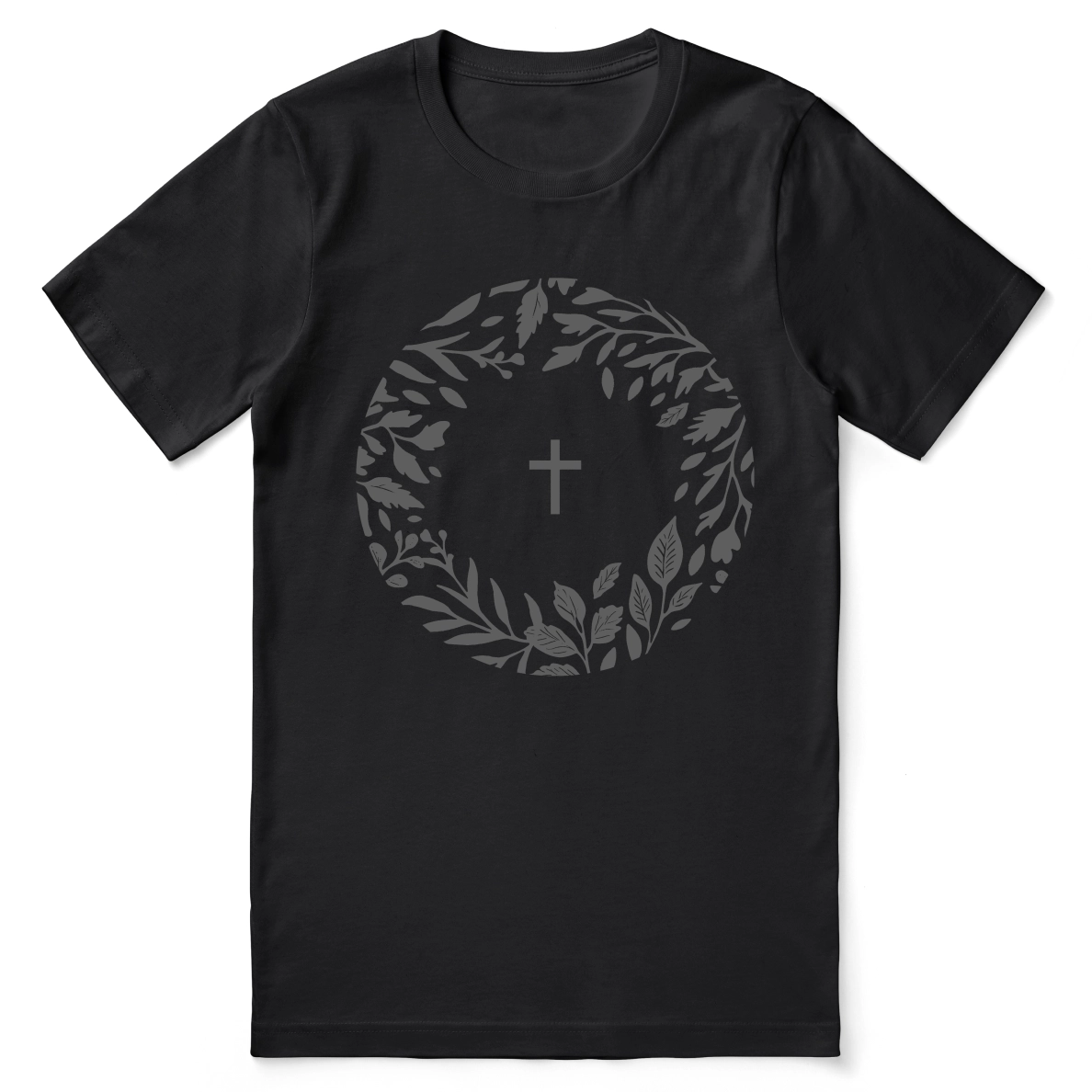 Christian t-shirt featuring a cross encircled by a crown of leaves with the phrase "Crowned in Grace," symbolizing faith and God's eternal grace.