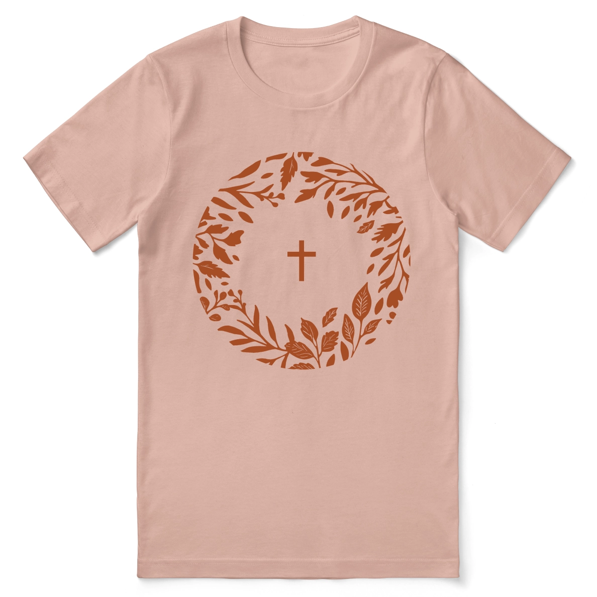 Christian t-shirt featuring a cross encircled by a crown of leaves with the phrase "Crowned in Grace," symbolizing faith and God's eternal grace.