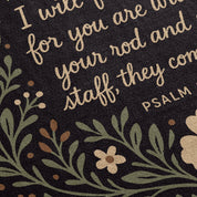 Christian woven blanket featuring the phrase “Even Though I Walk Through the Valley” from Psalm 23:4—designed as a comforting Scripture throw for faith-filled homes, reflection, or thoughtful gifting.