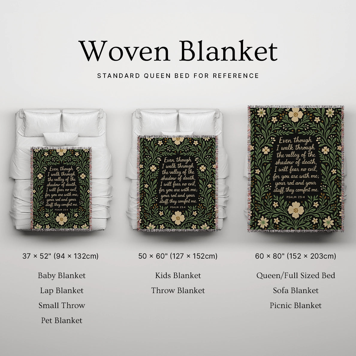 Christian woven blanket featuring the phrase “Even Though I Walk Through the Valley” from Psalm 23:4—designed as a comforting Scripture throw for faith-filled homes, reflection, or thoughtful gifting.