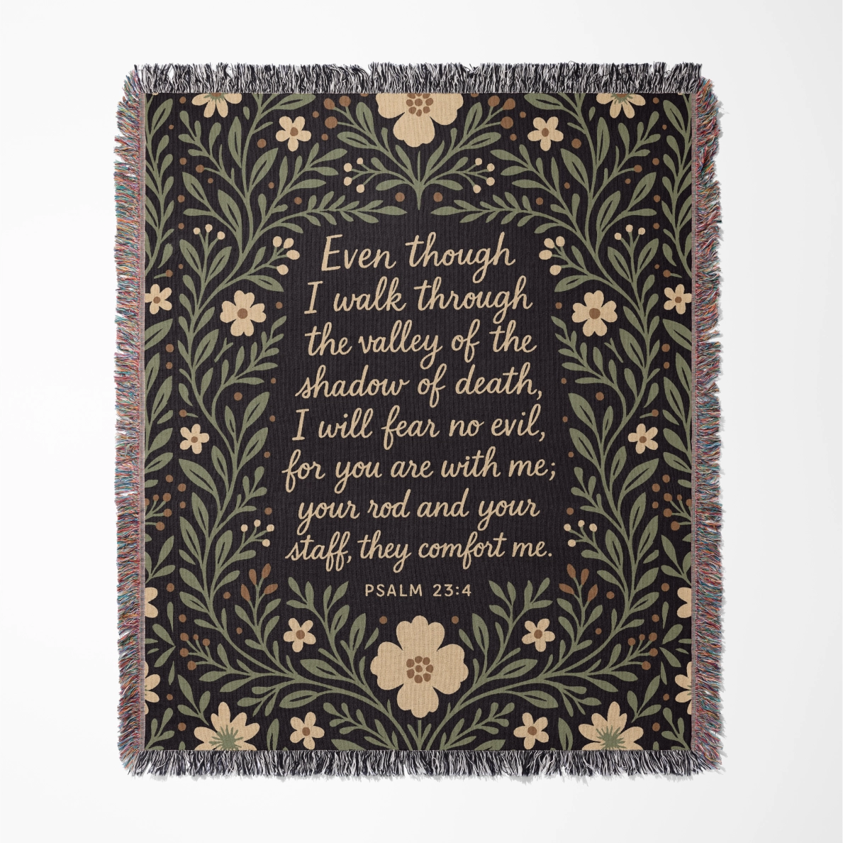 Christian woven blanket featuring the phrase “Even Though I Walk Through the Valley” from Psalm 23:4—designed as a comforting Scripture throw for faith-filled homes, reflection, or thoughtful gifting.