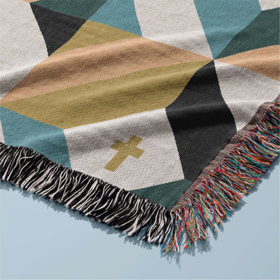 Christian woven blanket with quilt-inspired pattern and subtle crosses, designed in soothing tones for faith-filled comfort, home decor, or thoughtful gifting.
