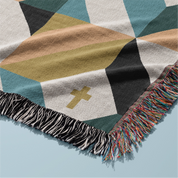 Christian woven blanket with quilt-inspired pattern and subtle crosses, designed in soothing tones for faith-filled comfort, home decor, or thoughtful gifting.