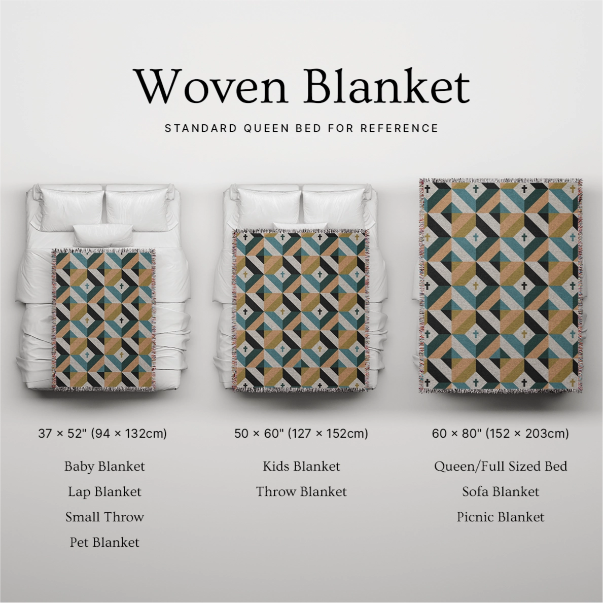 Christian woven blanket with quilt-inspired pattern and subtle crosses, designed in soothing tones for faith-filled comfort, home decor, or thoughtful gifting.