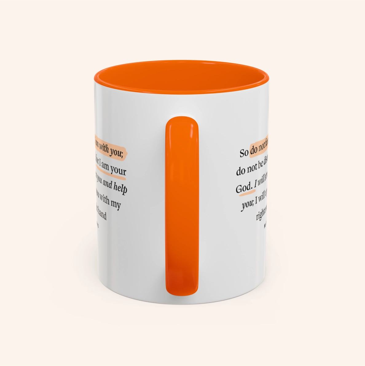 Bundle of colorful ceramic mugs featuring highlighted Bible verses, styled like a marked-up Bible page; a vibrant and inspiring Christian gift set.