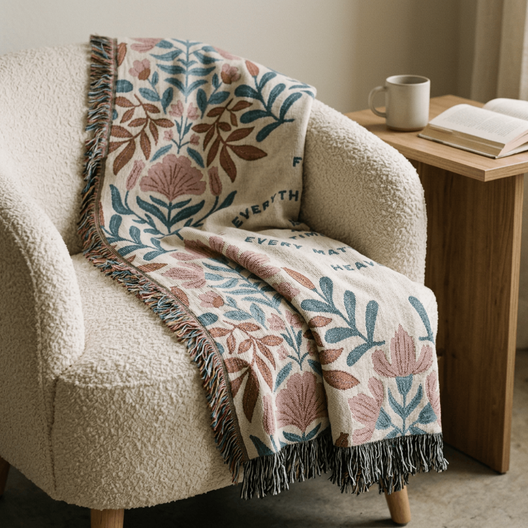 Floral-patterned throw blanket draped over a cozy armchair with a side table in the background.