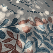Textured fabric with floral patterns and text overlay