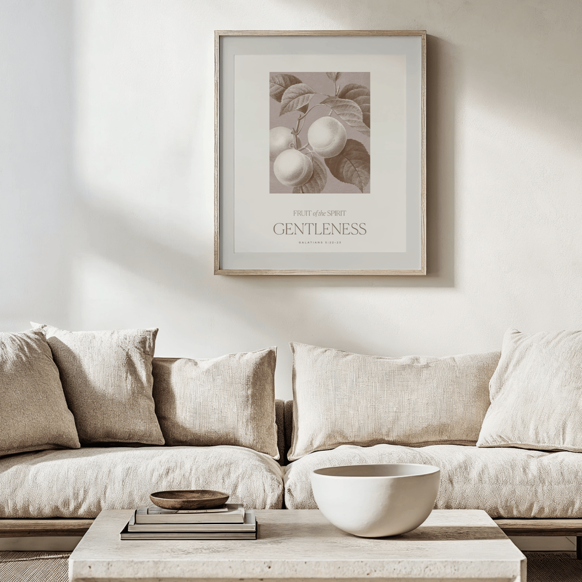 Beige sofa with a coffee table and framed artwork on a wall in a living room setting.
