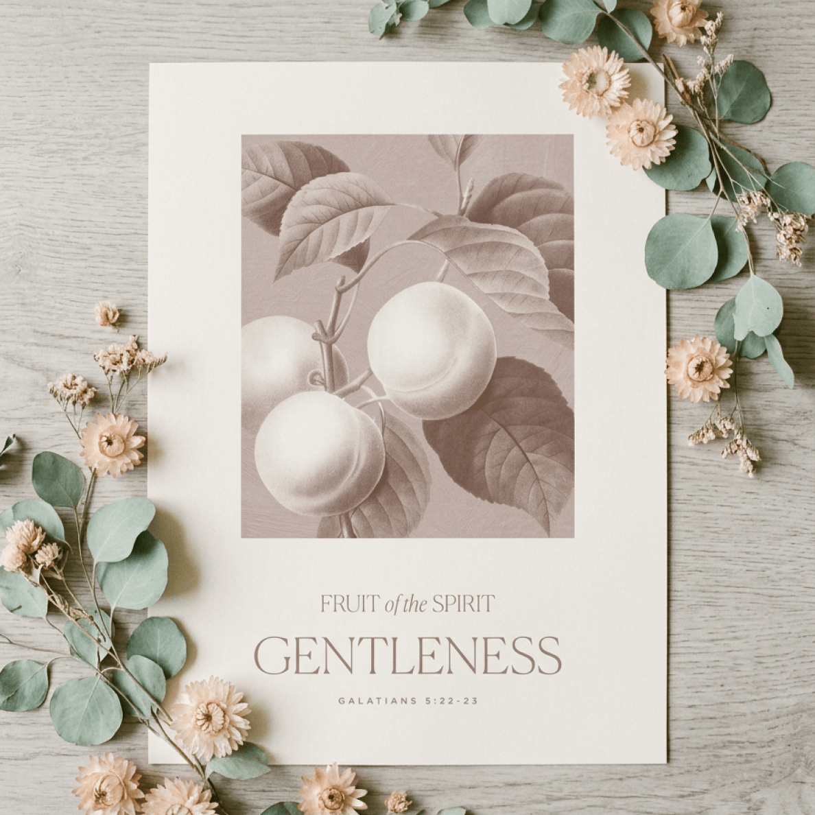 Poster with fruit illustration and 'Fruit of the Spirit: Gentleness' text on a wooden surface with flowers.