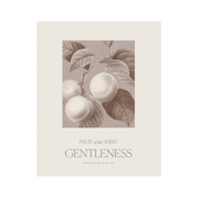 Decorative poster with fruit illustration and text 'Fruit of the Spirit Gentleness' on a beige background
