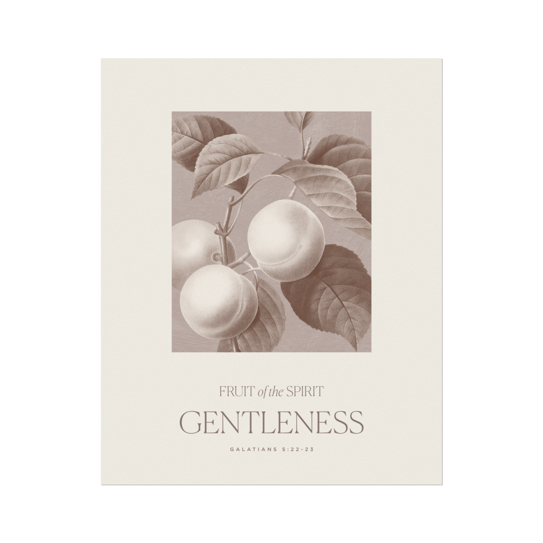 Decorative poster with fruit illustration and text 'Fruit of the Spirit Gentleness' on a beige background