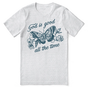 Christian t-shirt with the phrase “God Is Good All the Time” in bold hand-lettered text—faith-filled apparel designed for everyday encouragement and spiritual confidence.