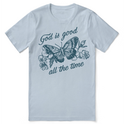 Christian t-shirt with the phrase “God Is Good All the Time” in bold hand-lettered text—faith-filled apparel designed for everyday encouragement and spiritual confidence.