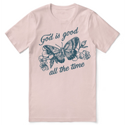 Christian t-shirt with the phrase “God Is Good All the Time” in bold hand-lettered text—faith-filled apparel designed for everyday encouragement and spiritual confidence.