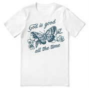 Christian t-shirt with the phrase “God Is Good All the Time” in bold hand-lettered text—faith-filled apparel designed for everyday encouragement and spiritual confidence.