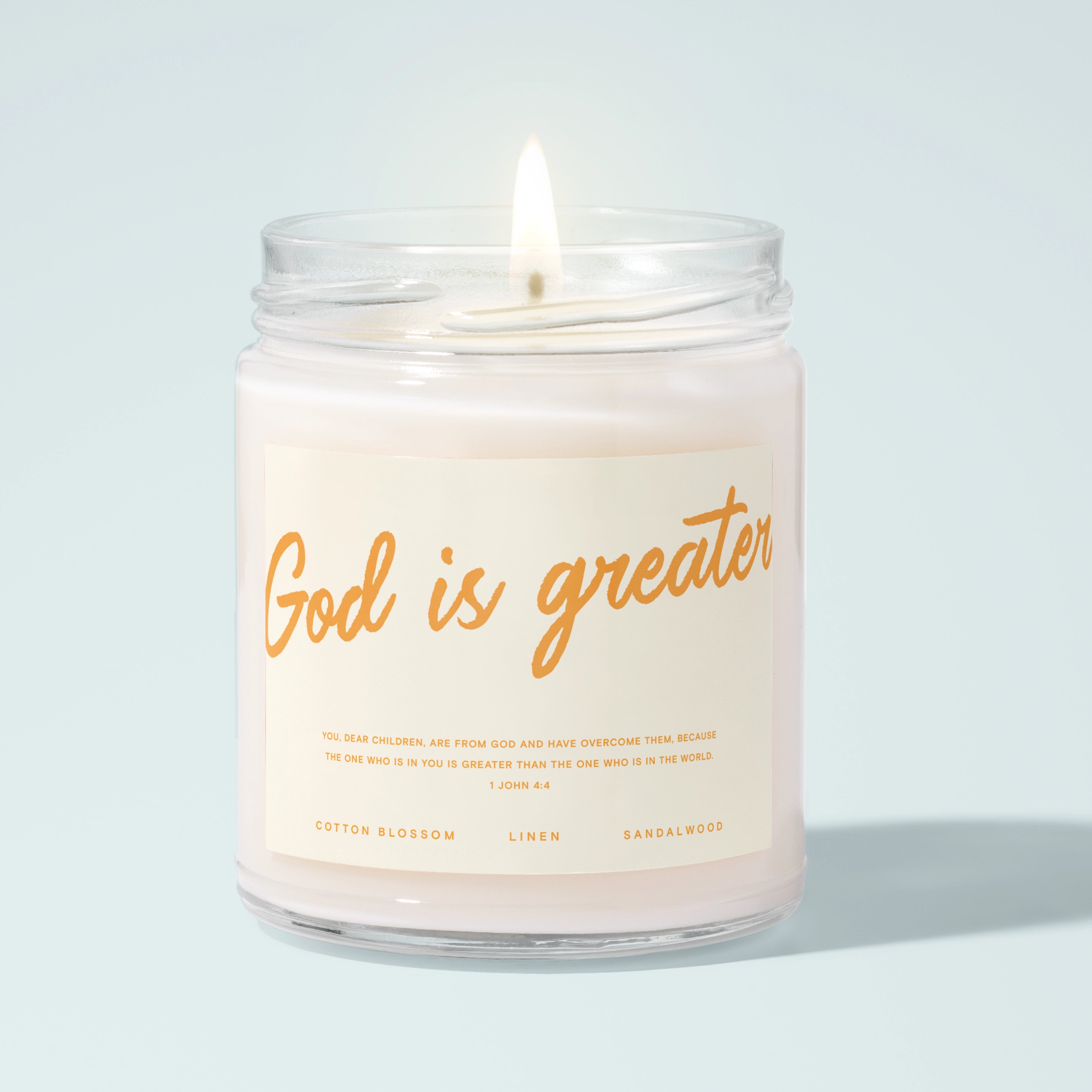 God Is Greater, Clean Cotton Soy Candle, 9oz Christian Gift