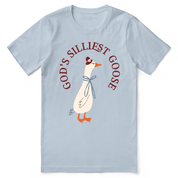 Light blue t-shirt with a cartoon goose and text on a white background