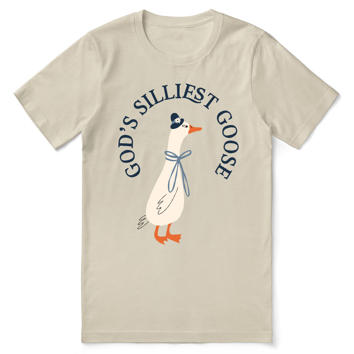 Beige t-shirt with a cartoon goose and text on a white background