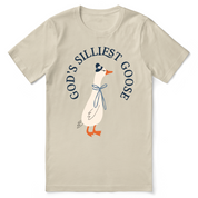 Beige t-shirt with a cartoon goose and text on a white background