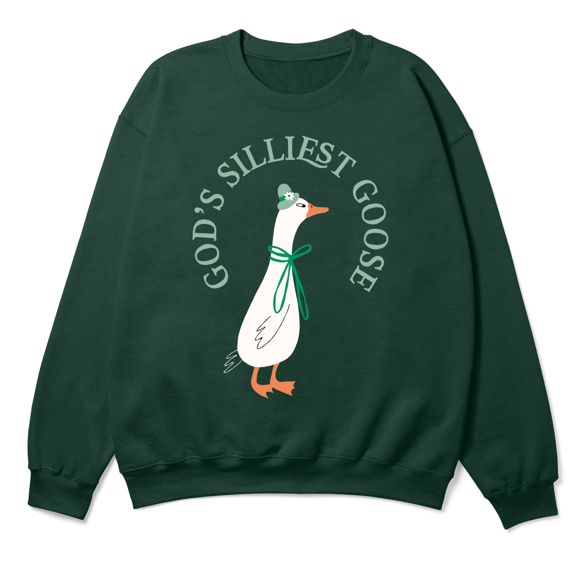Green sweatshirt with a goose graphic and text on a white background