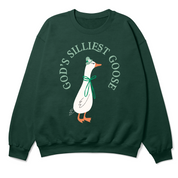 Green sweatshirt with a goose graphic and text on a white background