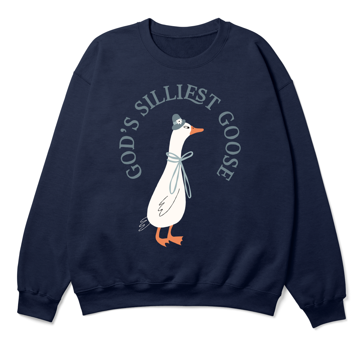 Navy blue sweatshirt with a goose graphic and text on a white background
