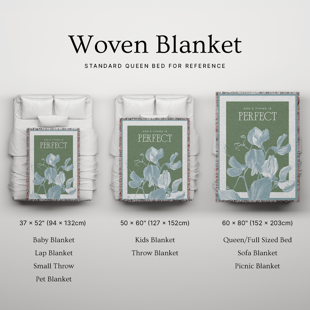 Woven blanket with floral design on a bed, showing different sizes and uses.