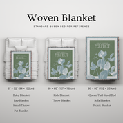 Woven blanket with floral design on a bed, showing different sizes and uses.