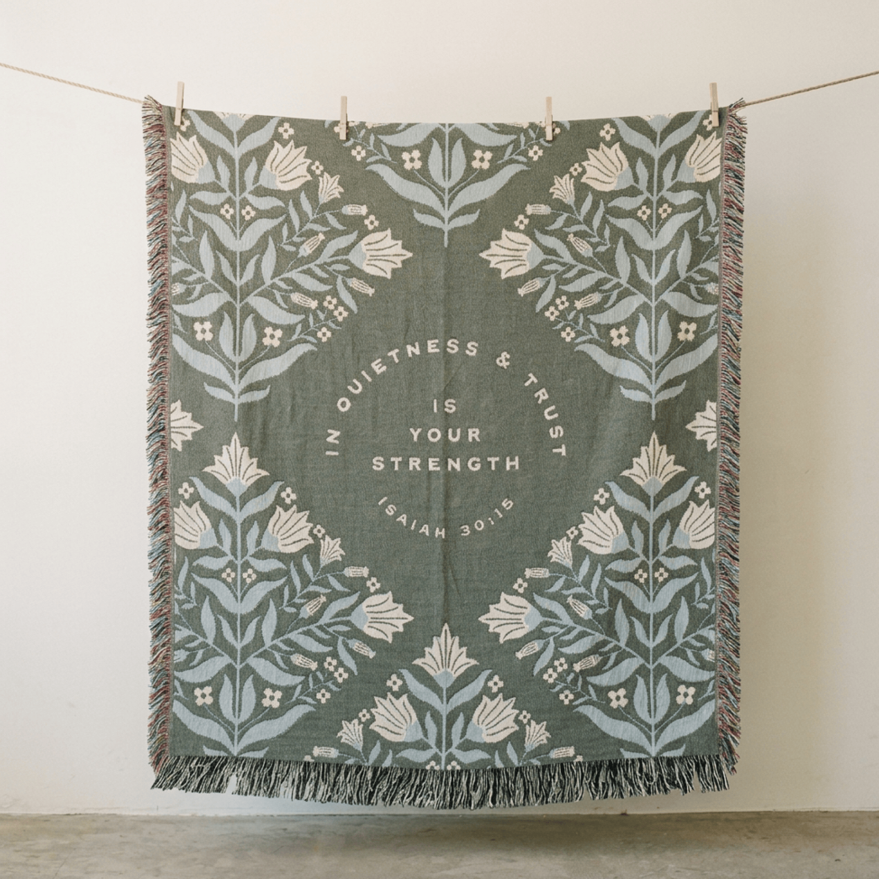 In Quietness and Trust scripture blanket flat lay showing complete botanical pattern