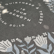 Detailed close-up of botanical floral pattern on Isaiah 30:15 christian woven blanket