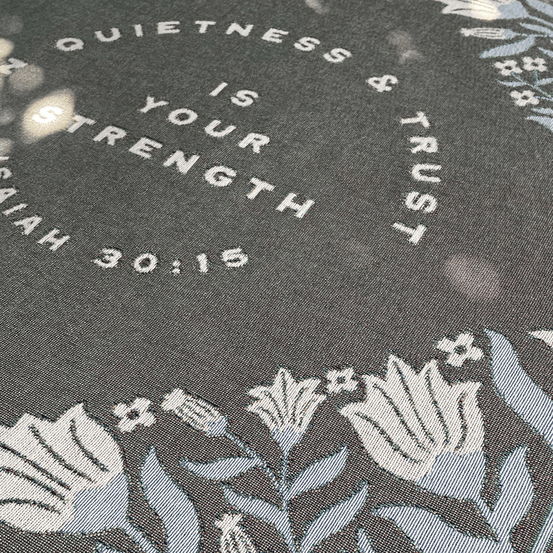 Detailed close-up of botanical floral pattern on Isaiah 30:15 christian woven blanket