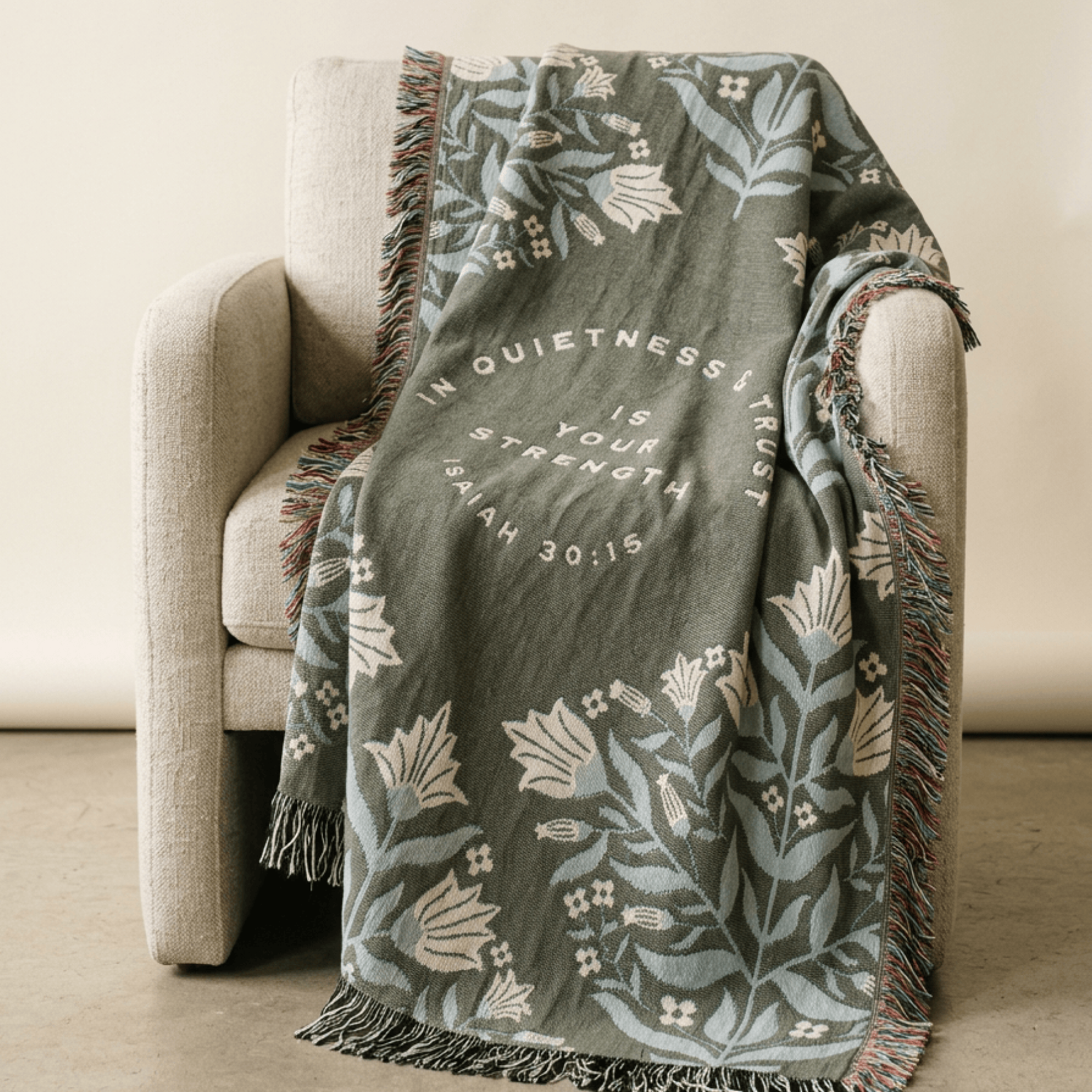 Isaiah 30:15 woven blanket displayed flat showing full botanical scripture design
