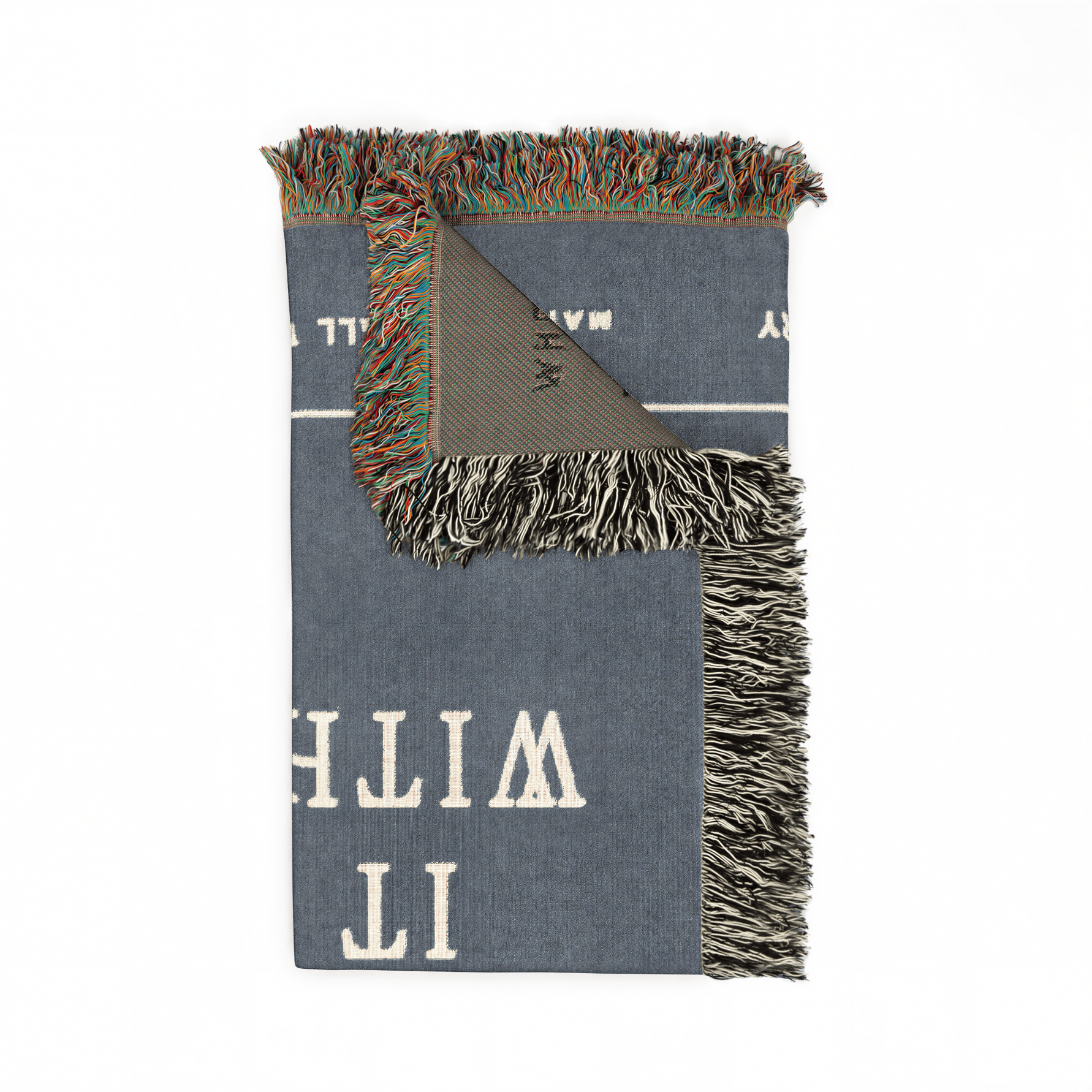 Gray blanket with fringe edges and white text on a white background