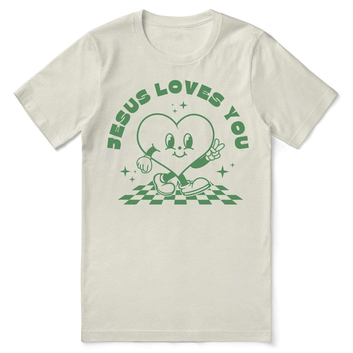 Christian t-shirt with “Jesus Loves You” and a happy heart illustration; soft unisex cotton tee for sharing faith, joy, and love.