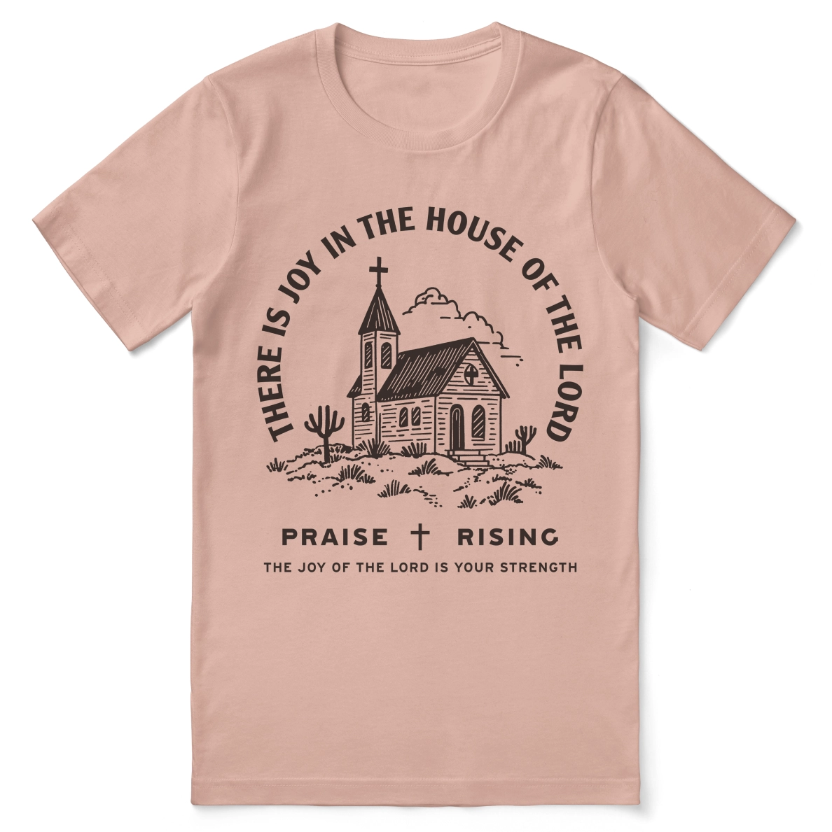 Christian t-shirt with the phrase “Joy in the House of the Lord”; soft unisex cotton worship tee designed to express praise, joy, and daily faith.