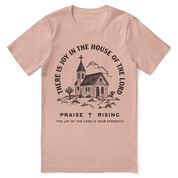 Christian t-shirt with the phrase “Joy in the House of the Lord”; soft unisex cotton worship tee designed to express praise, joy, and daily faith.
