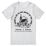 Christian t-shirt with the phrase “Joy in the House of the Lord”; soft unisex cotton worship tee designed to express praise, joy, and daily faith.