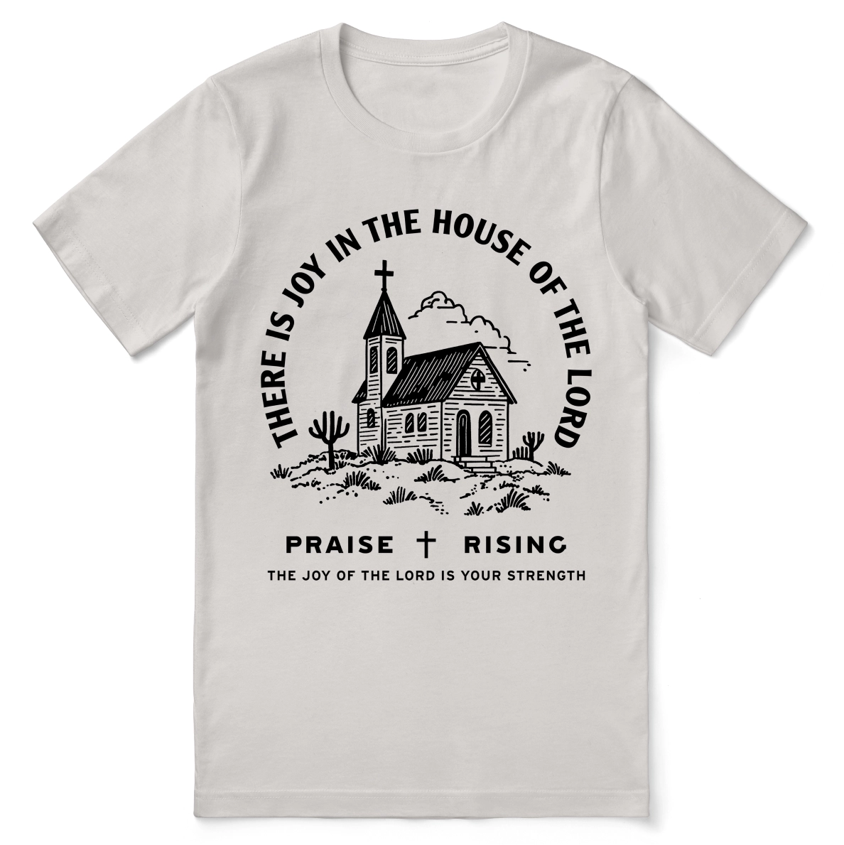 Christian t-shirt with the phrase “Joy in the House of the Lord”; soft unisex cotton worship tee designed to express praise, joy, and daily faith.