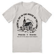 Christian t-shirt with the phrase “Joy in the House of the Lord”; soft unisex cotton worship tee designed to express praise, joy, and daily faith.